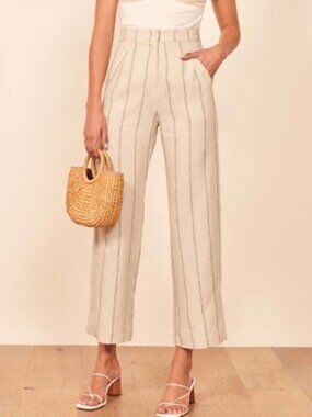 Reformation Linen Pants striped jaylene straight leg womens Ivory size 0 preppy